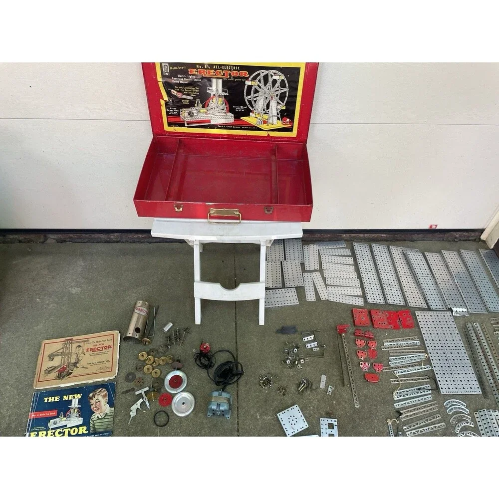 Vintage A.C. Gilbert Erector Set No 6-1/2 Lot w/ WORKING Motor 1938 Manual Box